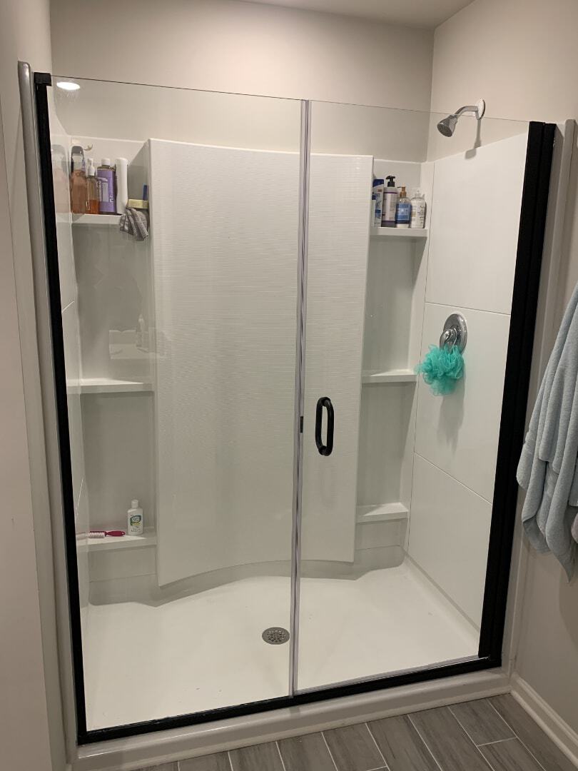 Alumax 300CV-HG continuous hinge semi-frameless shower. Best solution for fiberglass shower stalls or situations without proper wall support.