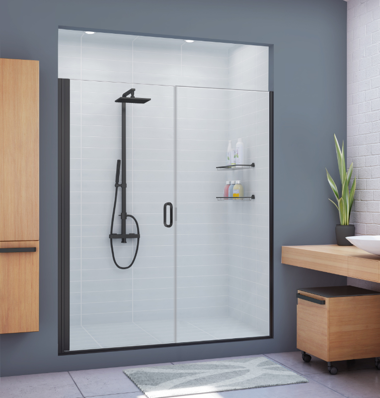 Alumax 300CV-HG continuous hinge semi-frameless shower. Best solution for fiberglass shower stalls or situations without proper wall support.